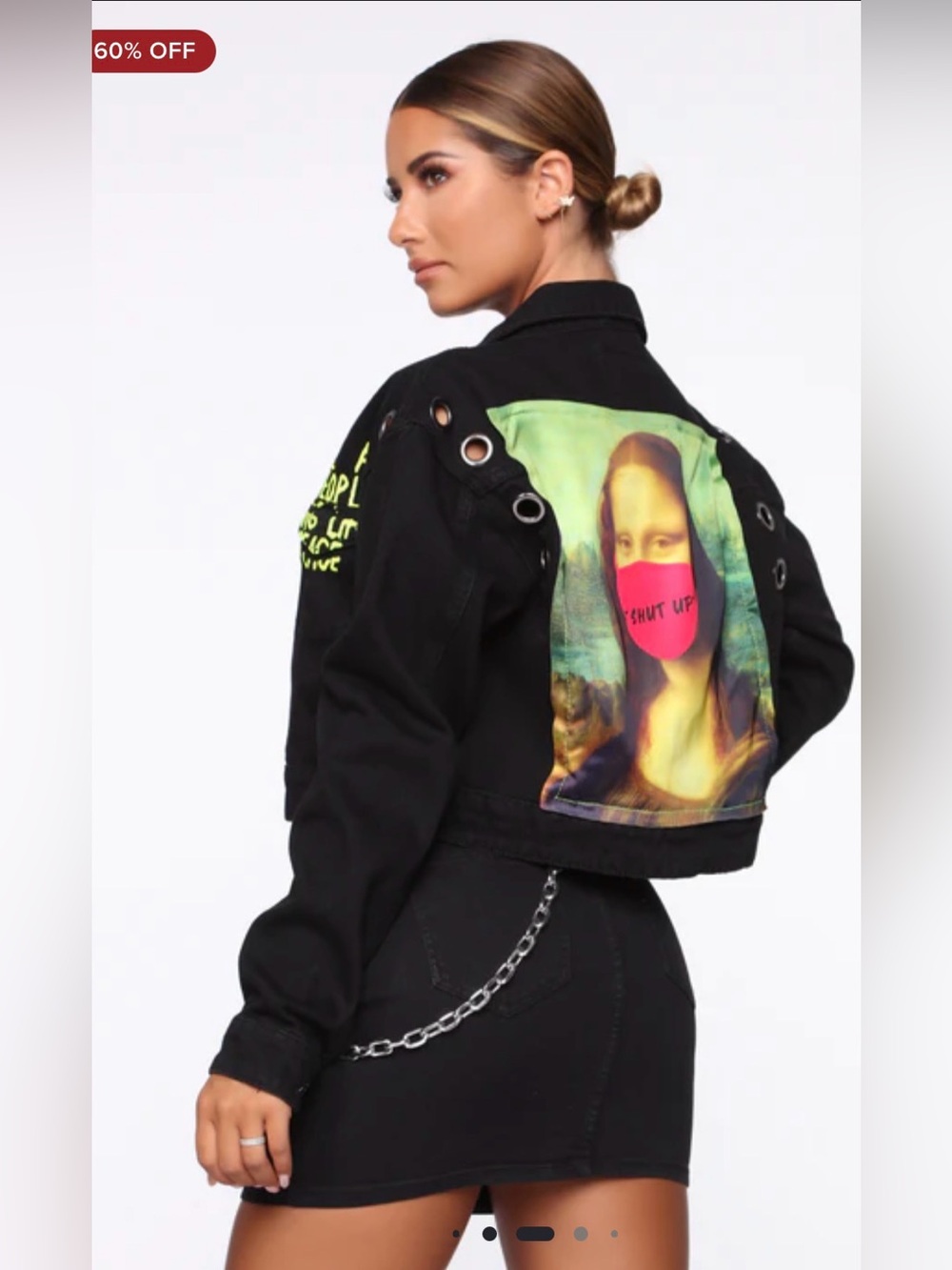 NWOT Mouth Shut denim Mona Lisa John Lennon Graphic ScreenPatch Grommet Jacket M